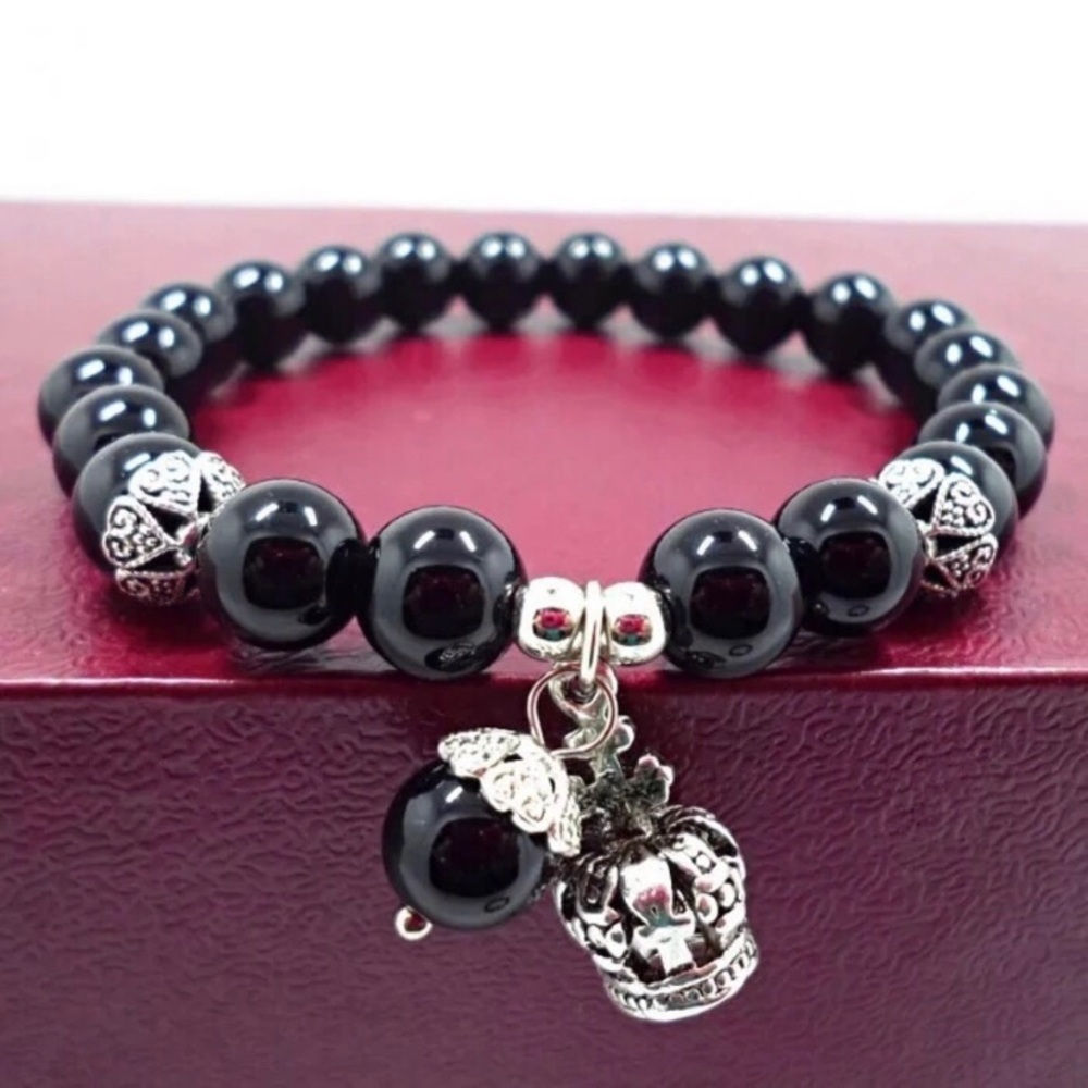 Natural Crystal Beaded Crown Charm Stretch Bracelet for Women